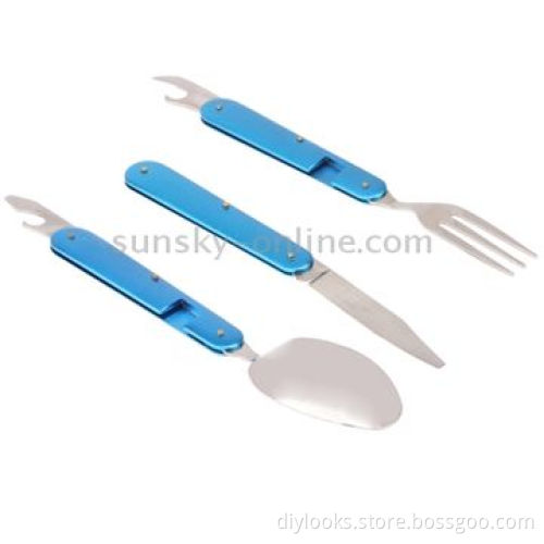 4-in-1 Stainless Steel Travel/Camping Folding Cutlery Set, Spoon + Fork + Knife + Bottle Opener Set